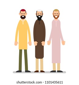 Two muslim arabic people standing together in different suit and traditional clothes. Illustration in flat style on white background. Isolated.
