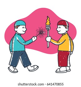 Two muslim boy is playing with torch and fire stick.