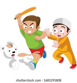 Two Muslim Boys hitting a Cat