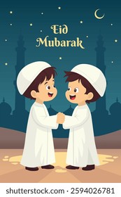 Two Muslim boys shaking hands on Eid with a mosque background