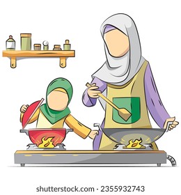 Two muslim cartoon girls cooking at kitchen