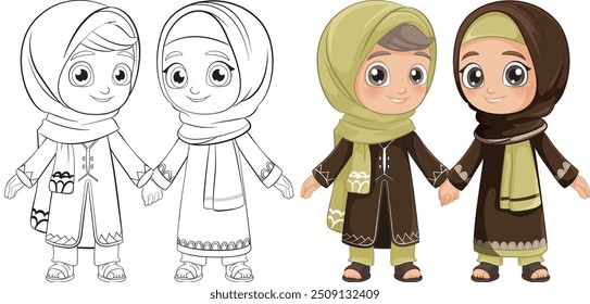 Two Muslim children holding hands, smiling
