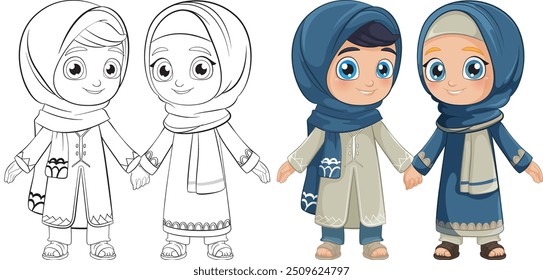 Two Muslim children holding hands, smiling