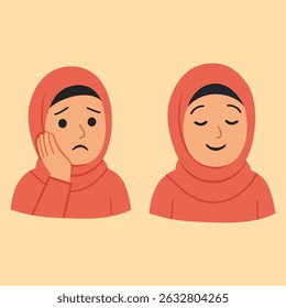 Two Muslim Girls – One Neutral and One Sad Expression – Islamic Hijab Children Cartoon Vector