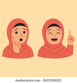 Two Muslim Girls – One Pointing Up Giving Idea – Hijab Cartoon Children Vector