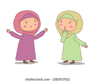 Two Muslim girls are talking. Vector illustration.