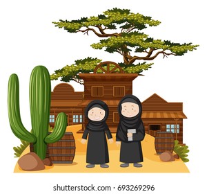 Two muslim girls in western town illustration