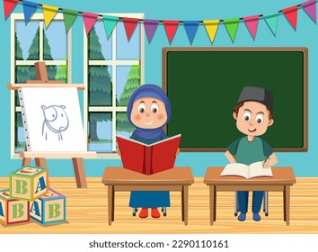 Two Muslim Kids in the Classroom illustration