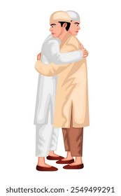 Two Muslim Man Hugging And Wishing Eid Mubarak Character Vector Illustration