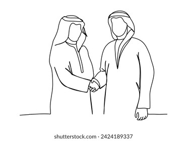 Dos hombres musulmanes vestidos con ropa árabe dan la mano. Ilustración vectorial de dibujo de una línea.