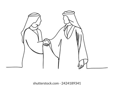 Two muslim men in arabian clothes shake hands. One line drawing vector illustration.