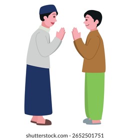 Two Muslim men cartoon vector illustration greeting each other with a traditional 'salam' gesture, hands pressed together. 