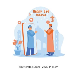Two Muslim men forgive each other via video call. Celebrating Eid al-Fitr during the pandemic. Happy Eid Mubarak concept. Flat vector illustration.