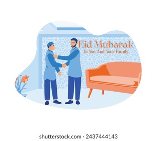 Zwei muslimische Männer grüßen Eid al-Fitr. Schüttelt euch die Hände und vergebt einander die Fehler! Happy Eid Mubarak-Konzept. Flache Vektordarstellung.