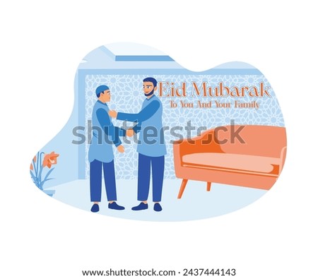 Two Muslim men are saying Eid al-Fitr greetings. Shake hands and forgive each other for mistakes. Happy Eid Mubarak concept. Flat vector illustration.