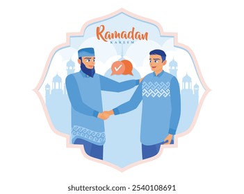 Two Muslim men smile at each other and shake hands. Celebrating victory day. Ramadan Kareem concept. Flat vector illustration.