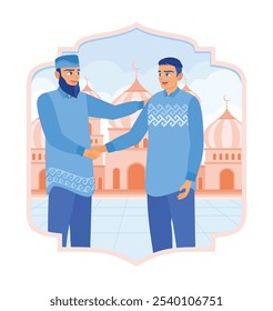Two Muslim men standing in front of the mosque. Greet each other and shake hands. Ramadan Kareem concept. Flat vector illustration.