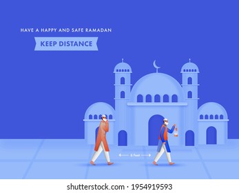 Two Muslim Men Wearing Mask With Maintain Social Distance To Prevent From Coronavirus, Mosque On Blue Background For Ramadan Celebration.
