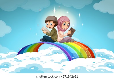 Two muslim reading books over the rainbow illustration