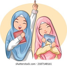 Two muslim sisters love reading Quran. Vector cartoon.