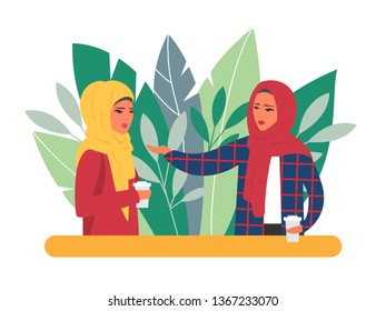 Two muslim women communication during coffee time. Vector daily life iluustration