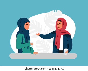 Two muslim women communication during coffee time. Vector daily life iluustration