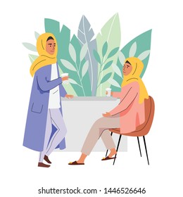 Two muslim women communication during coffee time. Vector daily life ilustration