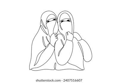 Two Muslim women in niqabs. Headdress with a hole for the eyes. Muslim traditional clothing. A type of hijab. World Hijab Day. Images produced without the use of any form of AI software at any stage. 