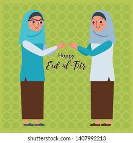 Two muslim women are shaking hands to forgive each other to welcome the eid al-Fitr. - Vector