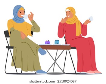 Duas Mulheres Muçulmanas Sentadas Juntas E Desfrutando De Chá. Os Personagens Estão Envolvidos Em Conversas Alegres, Enfatizando A Amizade E A Conexão Cultural. Cena Que Representa Um Momento De Relaxamento E Ligação