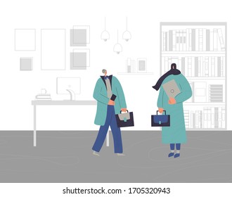 Two muslim women talking about job at the office. Business female characters standing at the room. Flat cartoon vector illustration.