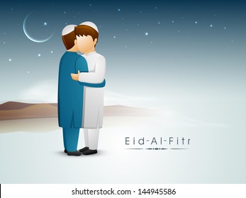 Two Muslim young boys in traditional dress hugging and wishing each other in shiny moonlight night on occasion of Eid Al Fitr (Eid Mubarak).