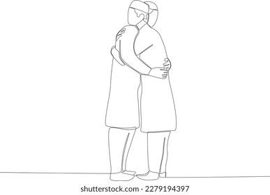 Two Muslims hugging each other in ramadan. Silaturahim one-line drawing