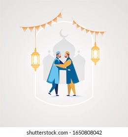 Two Muslims meet each other, Islamic people shake hands and hug each other