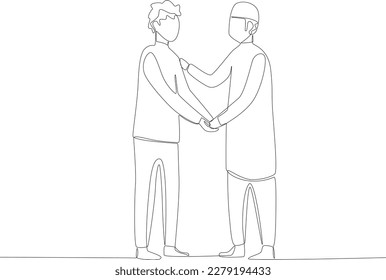 Two Muslims shaking hands. Silaturahim one-line drawing