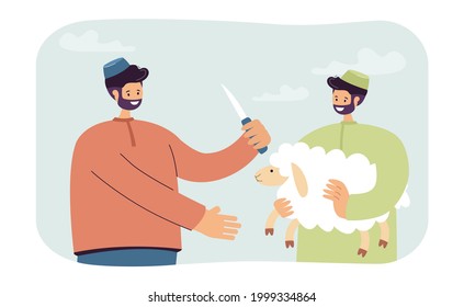 Dos musulmanes matando a un joven ariete. Ilustración vectorial plana. Hombres con turbantes sosteniendo cordero blanco y un cuchillo afilado grande. Eid al-Adha, sacrificio, sacrificio, islam, concepto de vacaciones para el diseño de pancartas