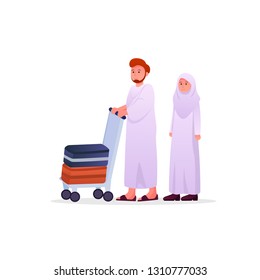 Two Muslims Wearing Ihram, Hajj Pilgrimage Dress Man and Woman Couple Vector Cartoon Illustration