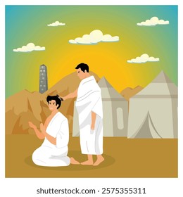 Two Muslims in white robes shave their heads in a desert environment, signifying devotion. Flat vector modern illustration