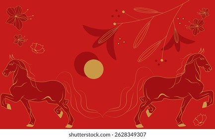 Two mustang horses of golden color on a bright red background. Horse on a butt background. Horse and flowers pattern for a leaflet. postcards, business cards, poster, cover
