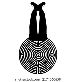 Two mysterious female figures on top of a round spiral maze or labyrinth symbol. Creative concept. Black and white silhouette.