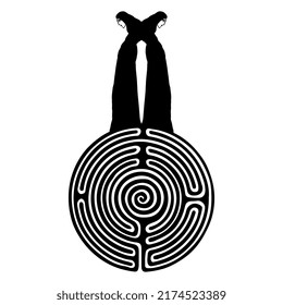 Two mysterious female figures on top of a round spiral maze or labyrinth symbol. Creative concept. Black and white silhouette.