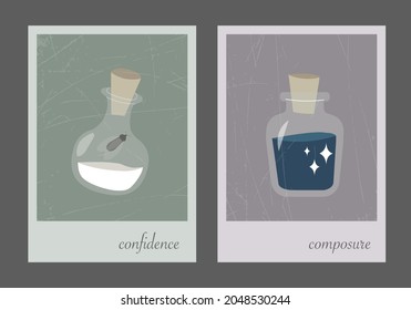 Zwei Mystische vorgefertigte Karten mit Glass-Hexenflaschen mit magischen Tränken, versiegelte Gläser mit farbiger Flüssigkeit und Fliege. Vektorgrafik von Postkarten mit Wörtern.