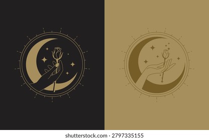 Two mystical vector designs featuring a hand holding a rose flower against a crescent moon and stars in a spiritual frame.