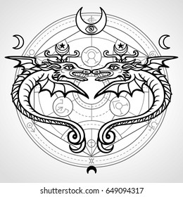 Two mystical winged snakes. A background - the Alchemical circle. Religion, mysticism, occultism, sorcery. Vector illustration isolated on a grey  background.