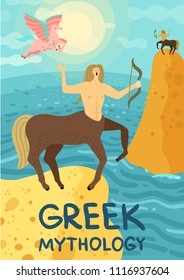 Two mythical creatures from greek mythology centaurus and pegasus near sea flat vector illustration