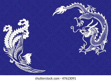Two mythological animals - a chinese dragon and a phoenix