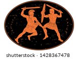 Two mythological heroes, Achilles and Hector, fight with swords. Oval medallion isolated on white background.
