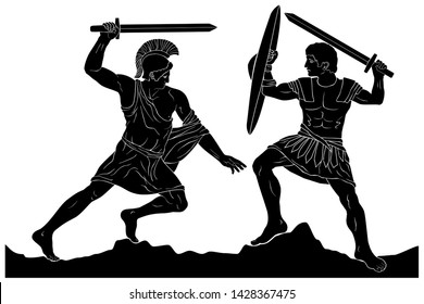 Two mythological heroes, Achilles and Hector, fight with swords. Vector image isolated on white background.