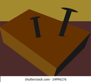 two nails on a wooden plank	