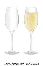 Two narrow glasses, empty and filled on a white background. Transparent vector illustration.
